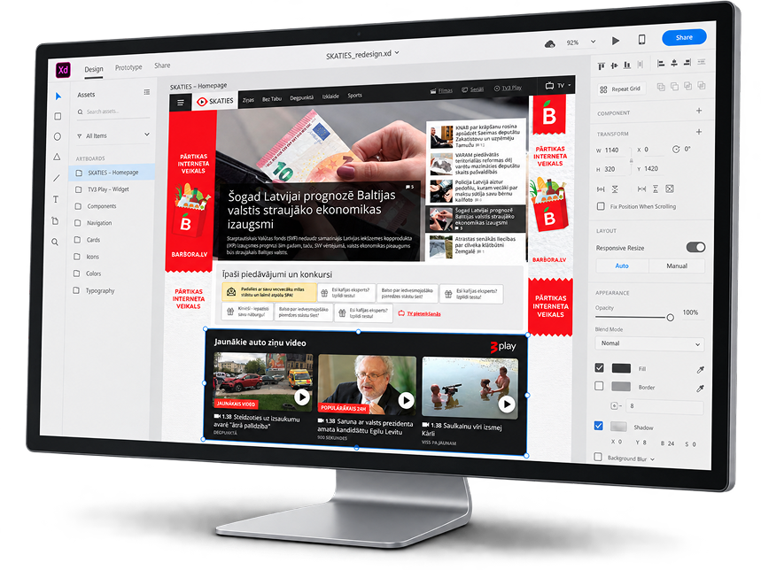 Skaties.lv un TV3 Play dizains Adobe XD vidē